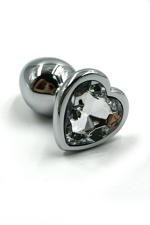 Серебряная анальная пробка с прозрачным кристаллом в форме сердца (Small)