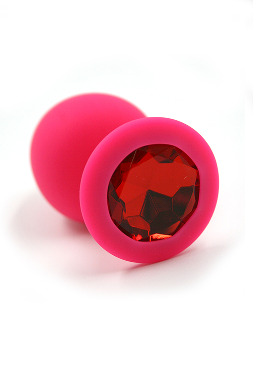 Розовая анальная пробка из силикона с красным кристаллом (Large)