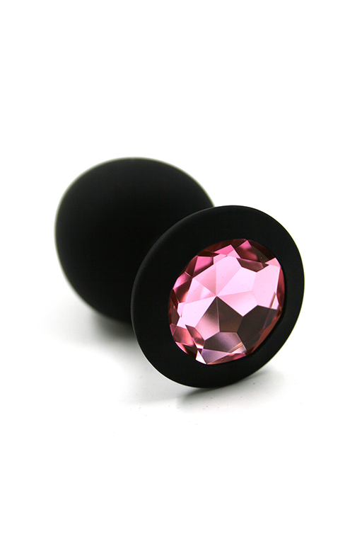 Черная анальная пробка из силикона с нежно-розовым кристаллом (Medium)