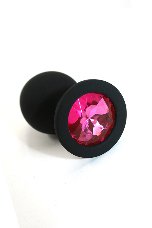 Черная анальная пробка из силикона с ярко-розовым кристаллом (Medium)